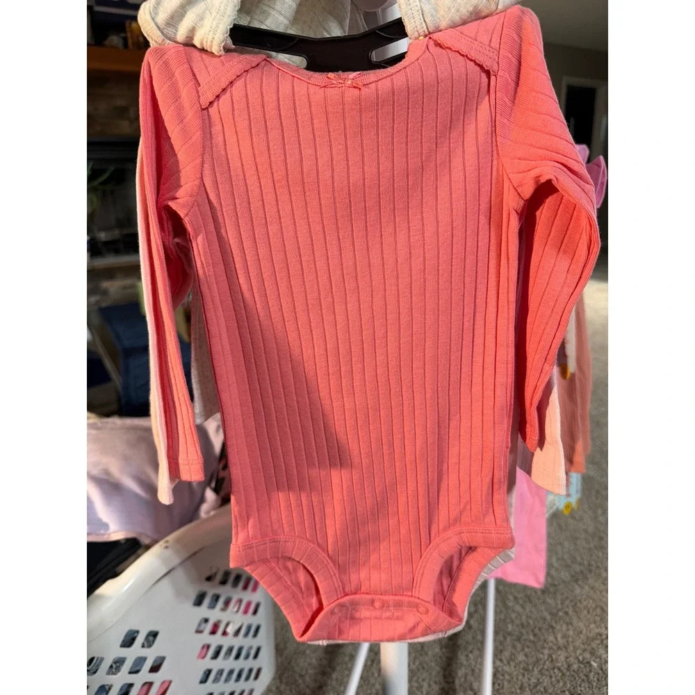 Carters Baby Girl 3 Pack Long Sleeve Ribbed Bodysuits Grey Coral Pink 12M